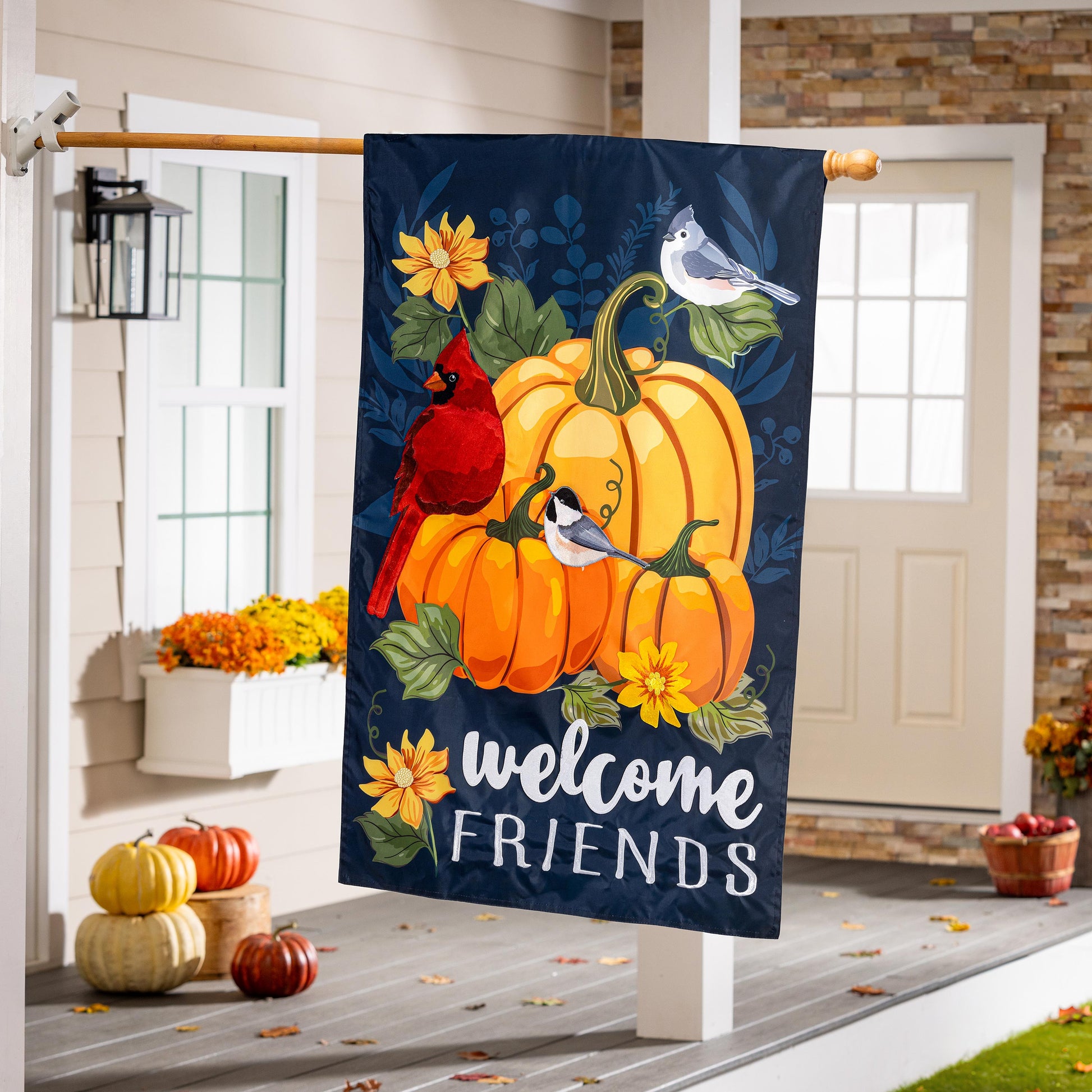 Welcome Friends of Fall Applique House Flag navy background with pumpkin, sunflowers, and birds on Tampa Home & Garden Store