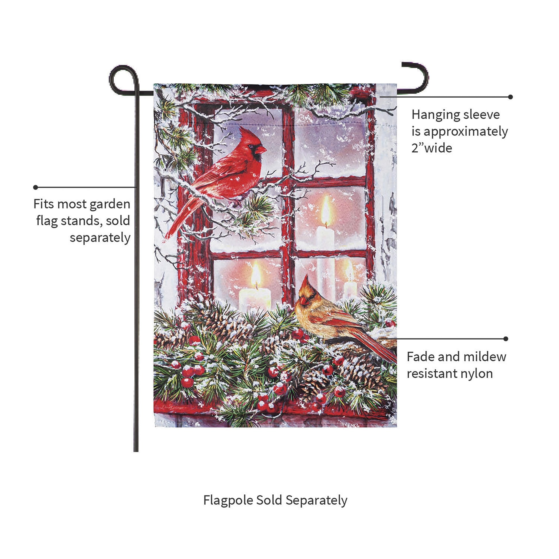 Cardinals in the Window Garden suede flag by Evergreen Enterprises Wholesale Collective on Tampa Home & Garden Store