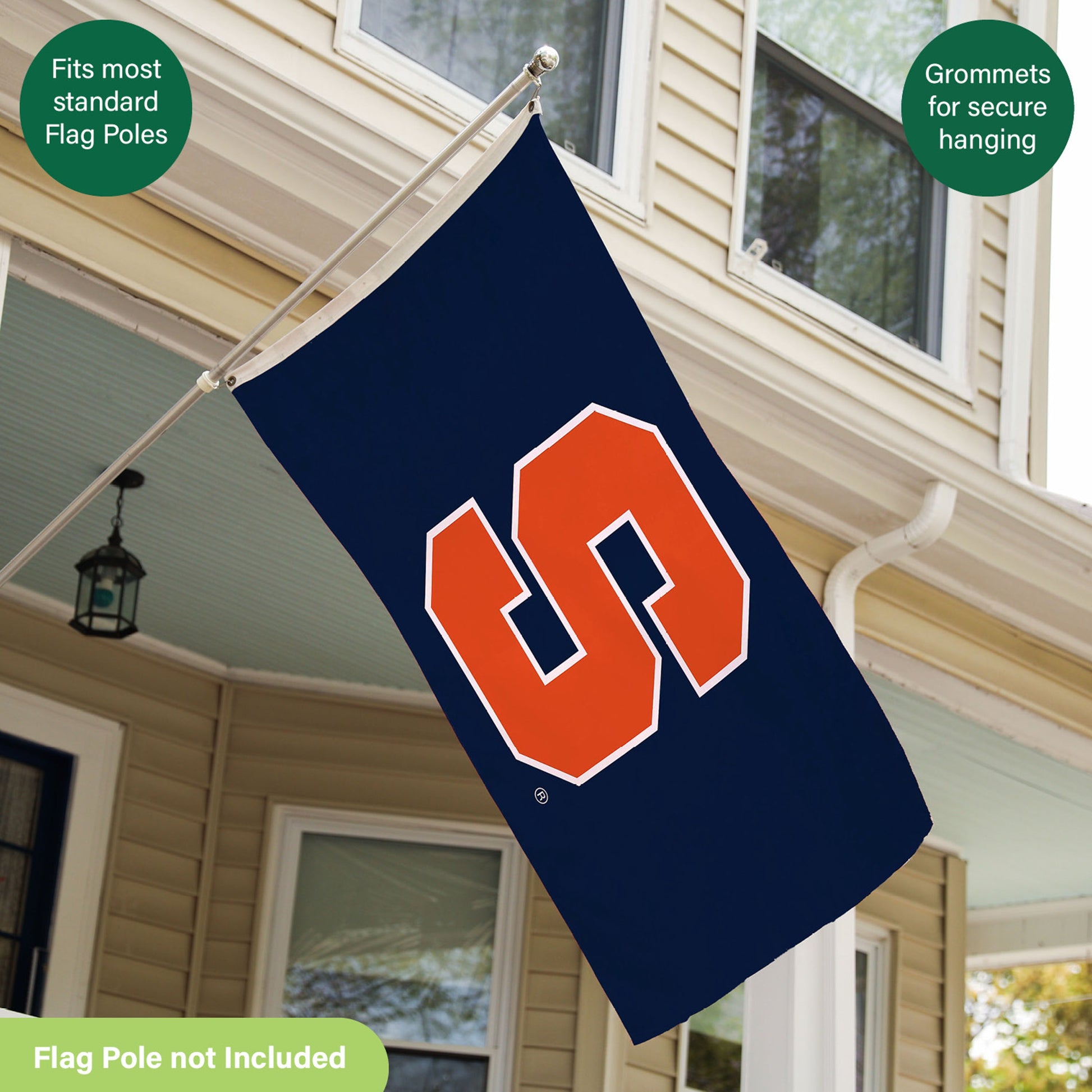 Syracuse University estate flag 3x5, single-sided blue with orange SU logo, 2 grommets on Tampa Home & Garden Store