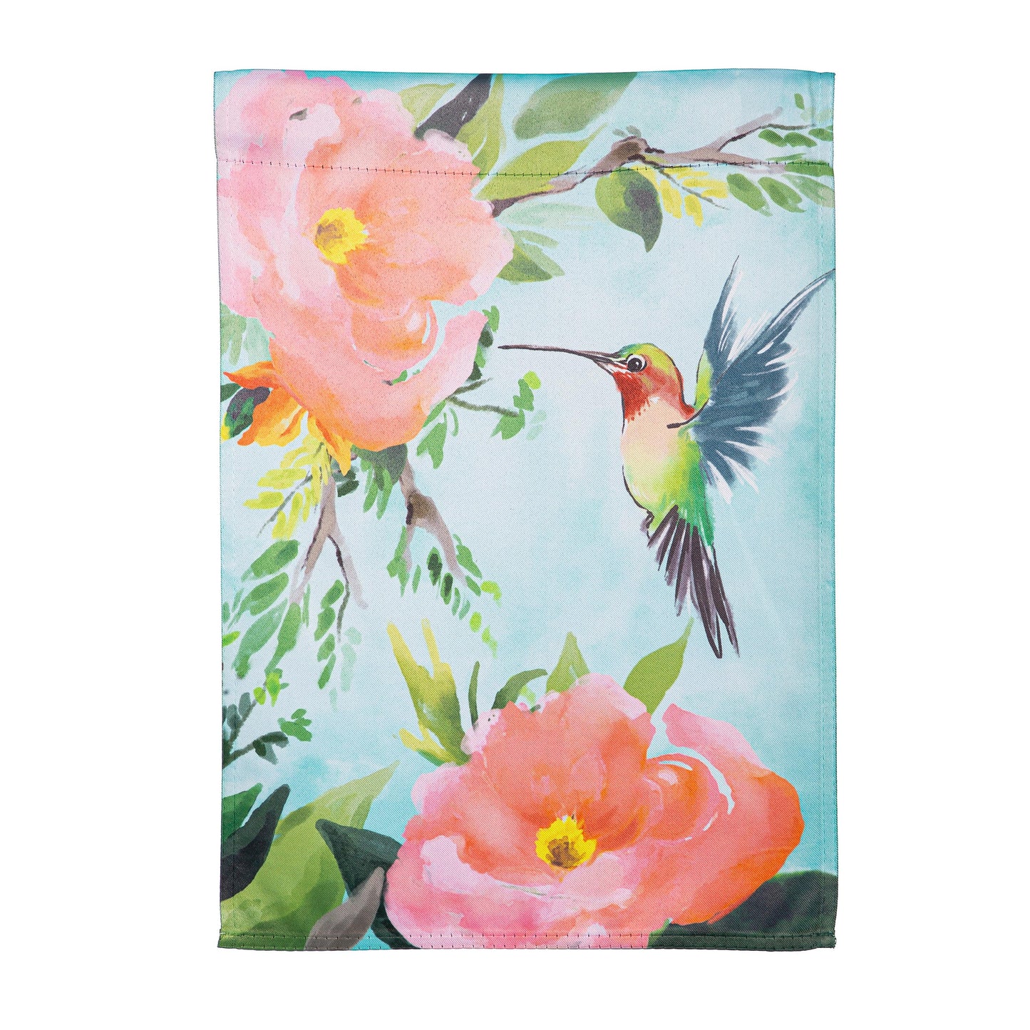 Hummingbird Suede Garden Flag with floral print on blue background by Evergreen Enterprises on Tampa Home & Garden Store