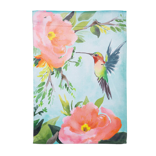Hummingbird Suede Garden Flag with floral print on blue background by Evergreen Enterprises on Tampa Home & Garden Store