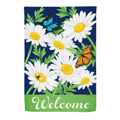 Daisy Garden suede flag with white daisies, yellow centers, green leaves, butterflies on navy on Tampa Home & Garden Store