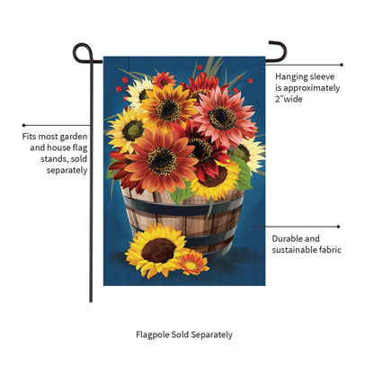 Barrel Of Blooms & Pumpkins Burlap Garden Flag with bright sunflowers in a wooden bucket on blue planks on Tampa Home & Garden Store