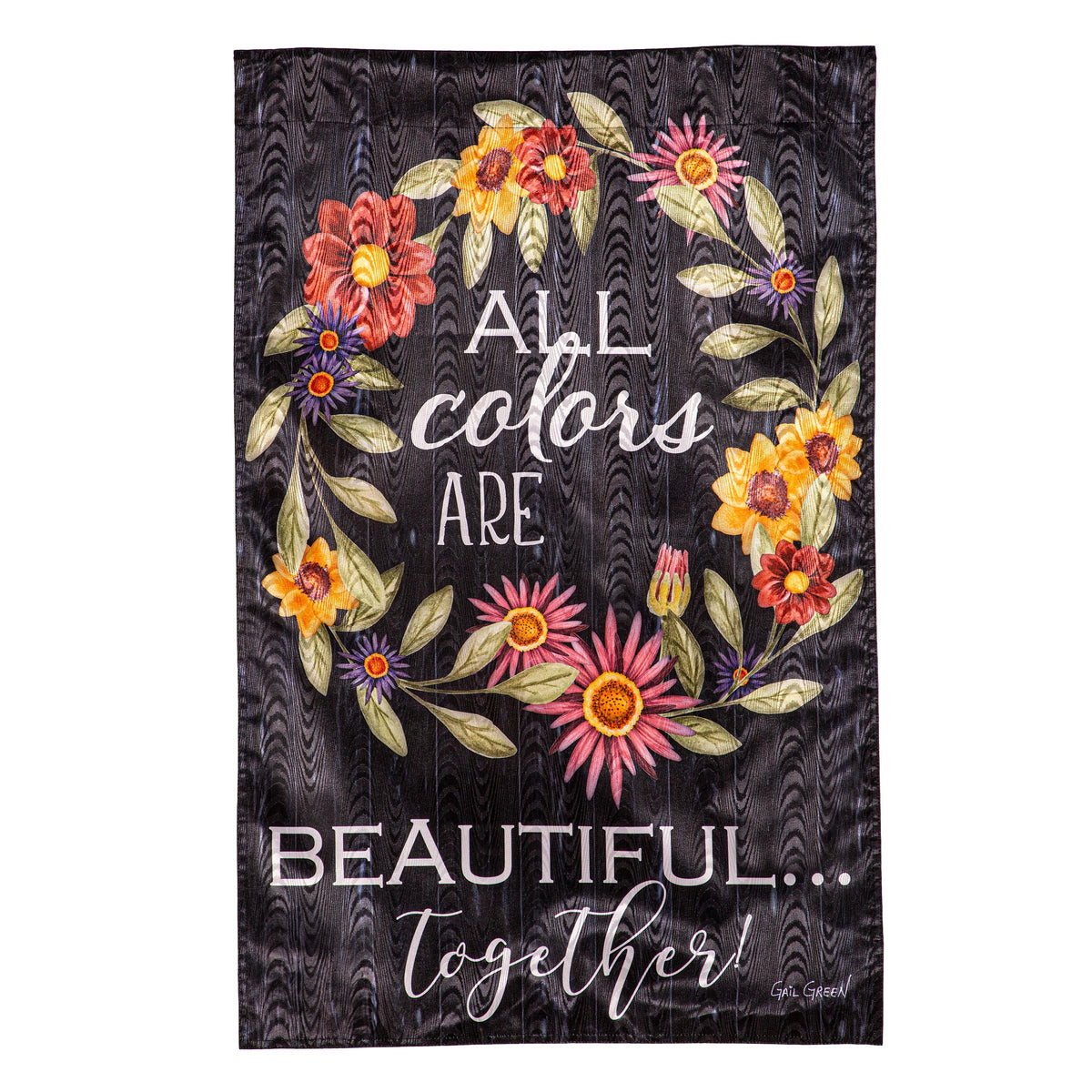 Moire flag All Colors Are Beautiful Together with colorful flowers on dark woodgrain background on Tampa Home & Garden Store