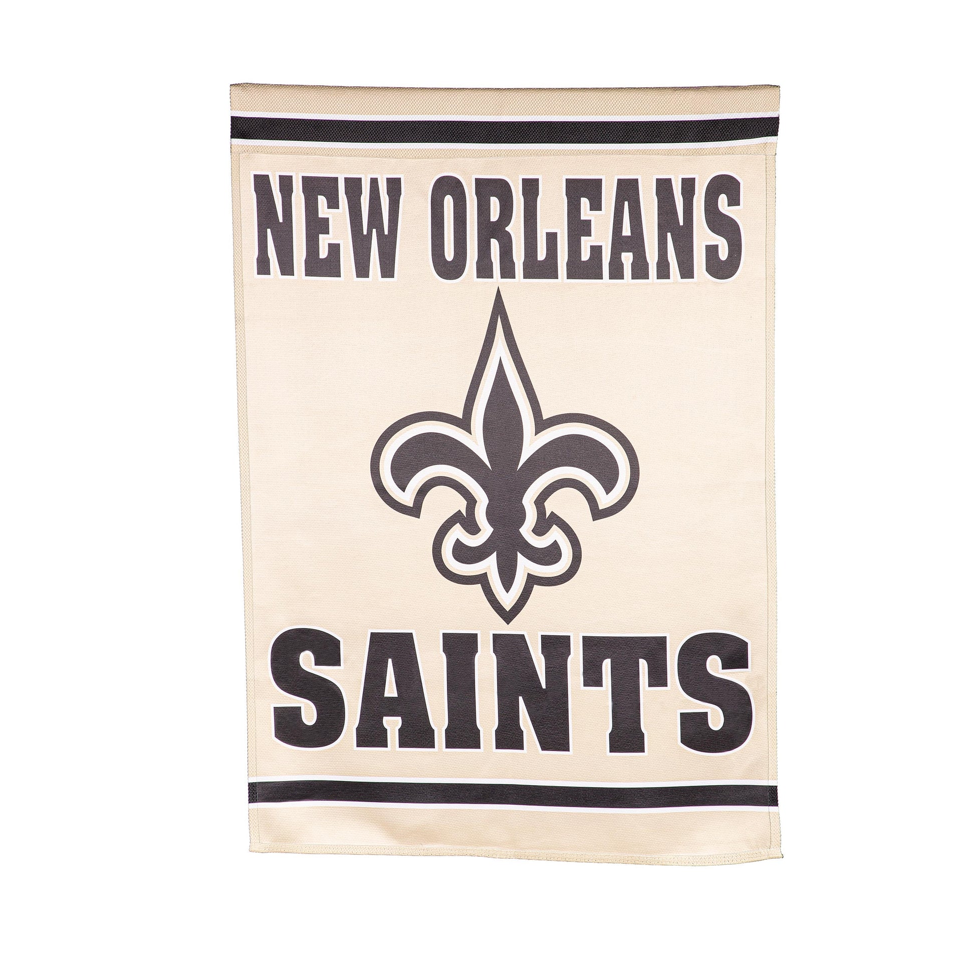 Embossed Suede Flag house size featuring New Orleans Saints fleur-de-lis on tan with black trim on Tampa Home & Garden Store
