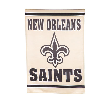 Embossed Suede Flag house size featuring New Orleans Saints fleur-de-lis on tan with black trim on Tampa Home & Garden Store