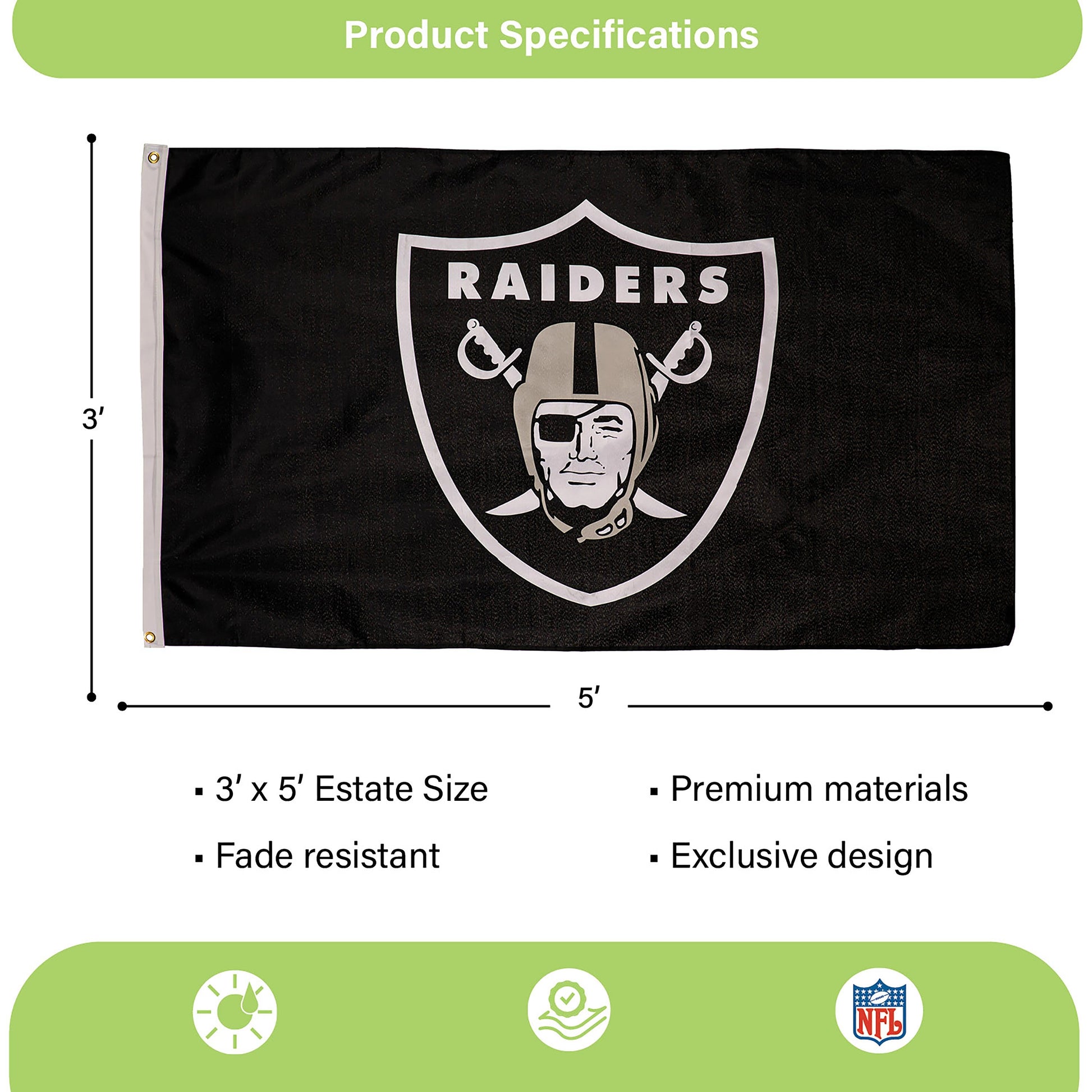Las Vegas Raiders estate flag 3x5 black, single-sided sublimated flag with two grommets on Tampa Home & Garden Store