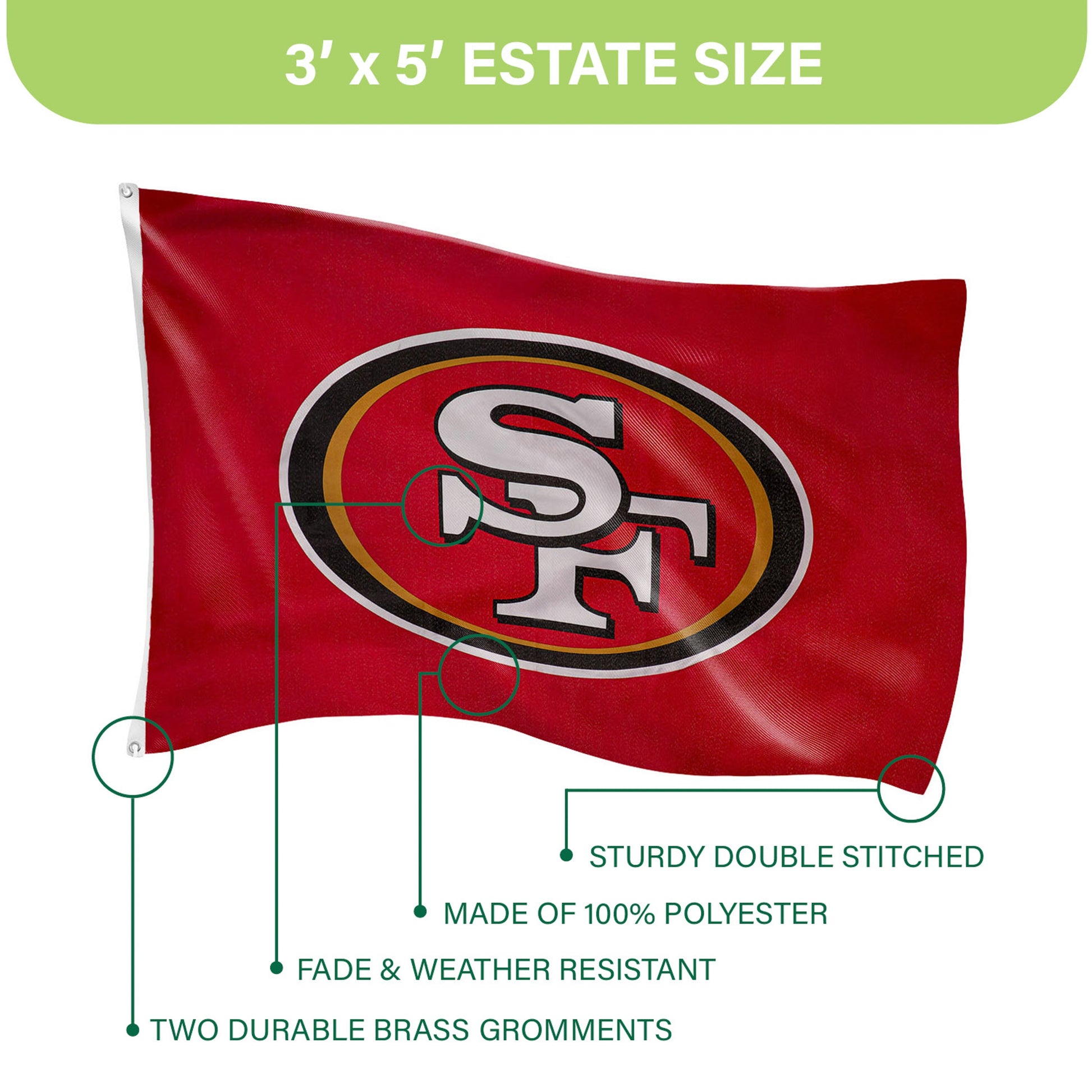 San Francisco 49ers single-sided estate flag 3x5 sublimated flag with 2 brass grommets on Tampa Home & Garden Store
