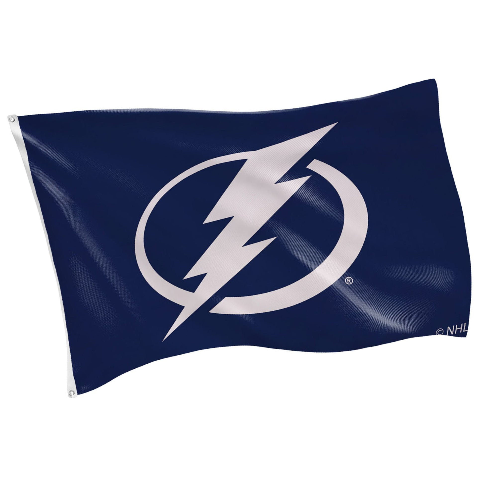 Tampa Bay Lightning flag navy blue with white bolt logo, sublimated flag with 2 grommets on Tampa Home & Garden Store