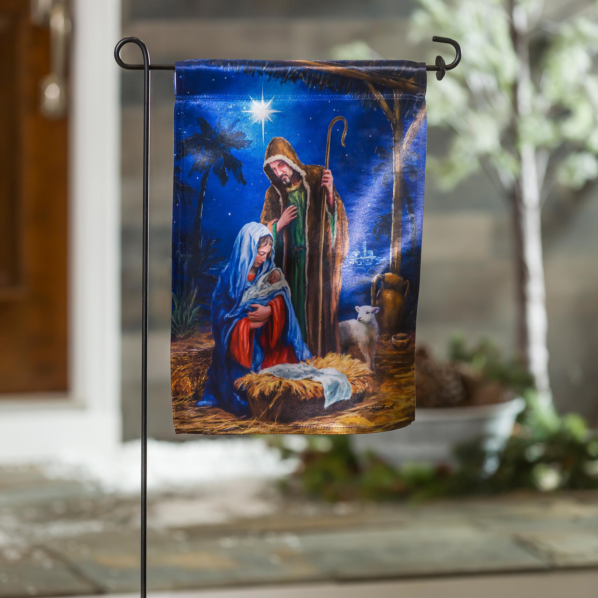Holy Night Nativity Garden Lustre Flag blue night-sky nativity scene with Mary and Jesus on Tampa Home & Garden Store