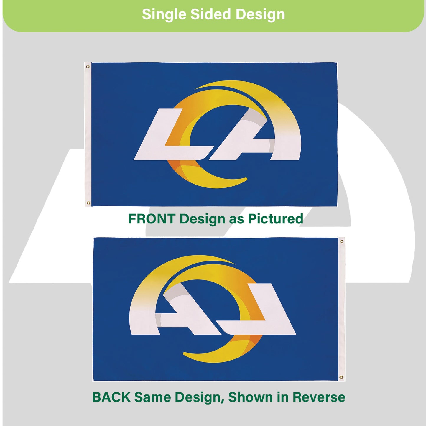 Los Angeles Rams 3x5 single-sided flag with 2 grommets, sublimated by Evergreen Enterprises on Tampa Home & Garden Store
