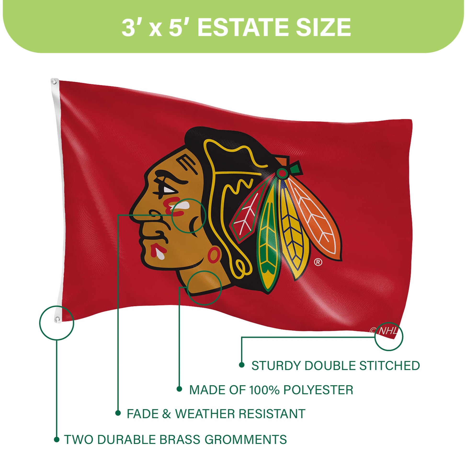 Chicago Blackhawks 3x5 single-sided flag red with two brass grommets Evergreen Enterprises on Tampa Home & Garden Store