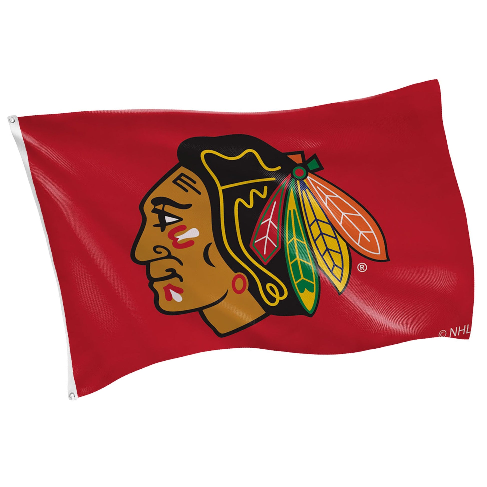 Chicago Blackhawks 3x5 estate flag with 2 grommets on red field with NHL logo visible on Tampa Home & Garden Store