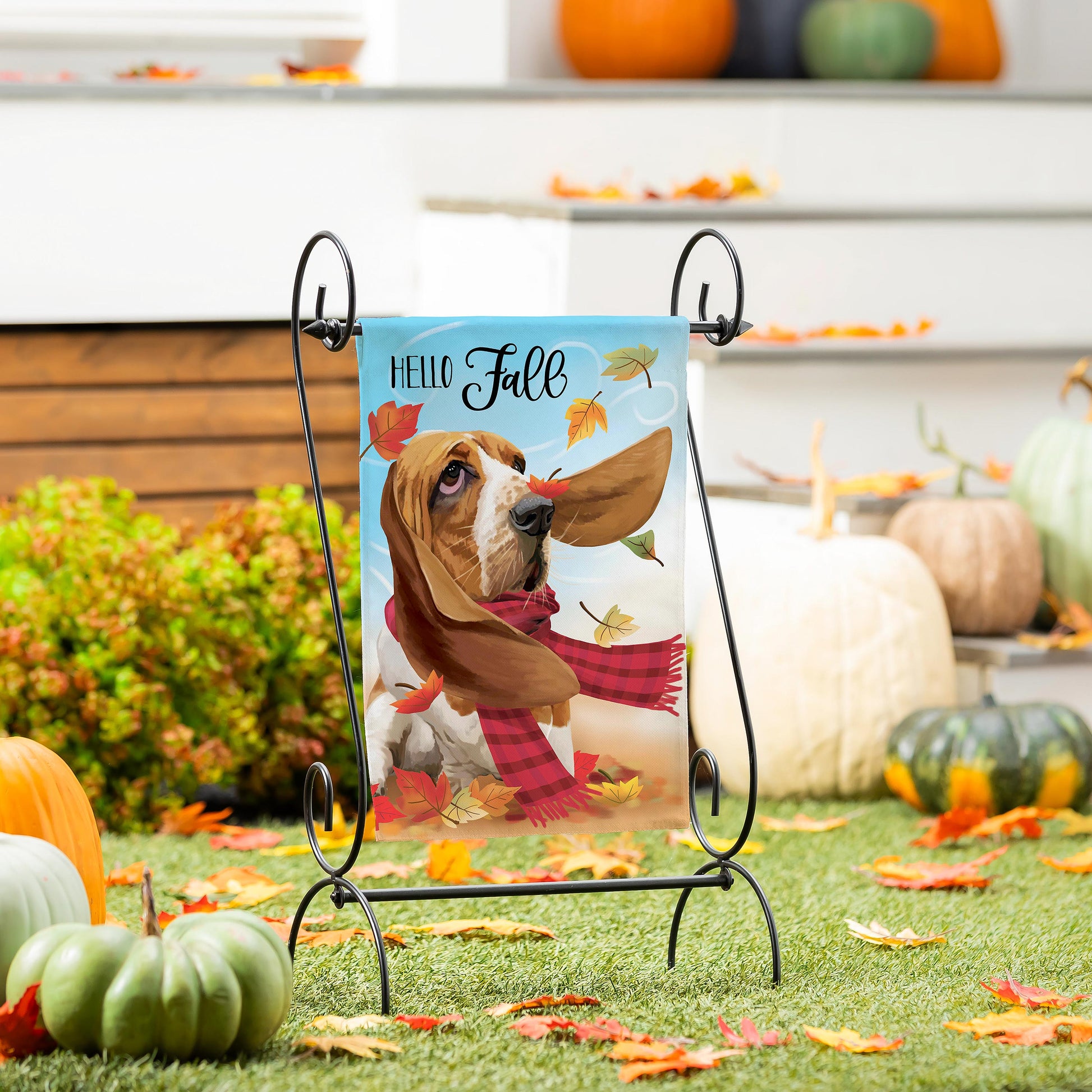 Falls A Breeze Suede Garden Flag blue with dog and autumn leaves Evergreen Enterprises on Tampa Home & Garden Store