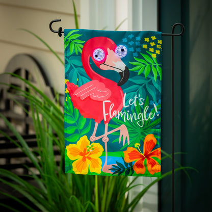 Animated Let's Flamingle applique lighted flag with LED flamingo eyes and tropical flowers on Tampa Home & Garden Store