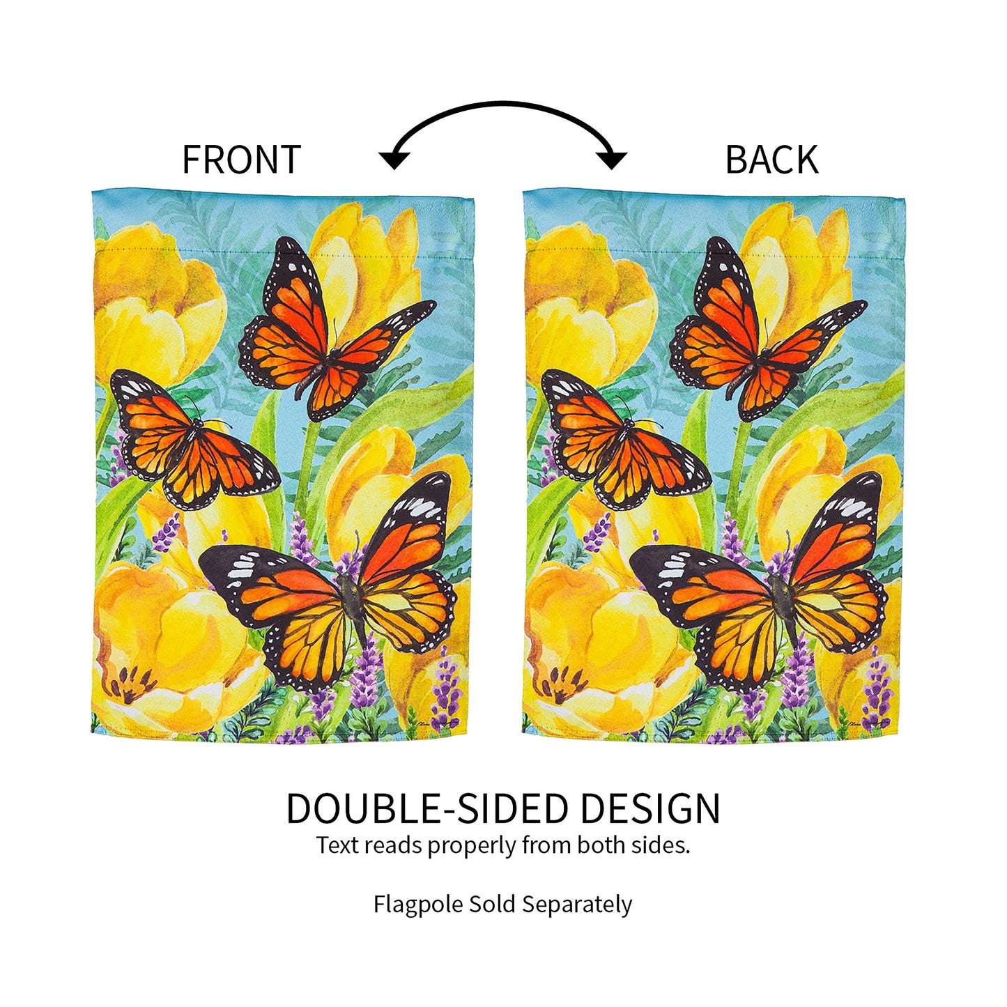 Tulip and Butterfly Garden Suede Flag, double-sided print with bright yellow tulips and monarchs on Tampa Home & Garden Store