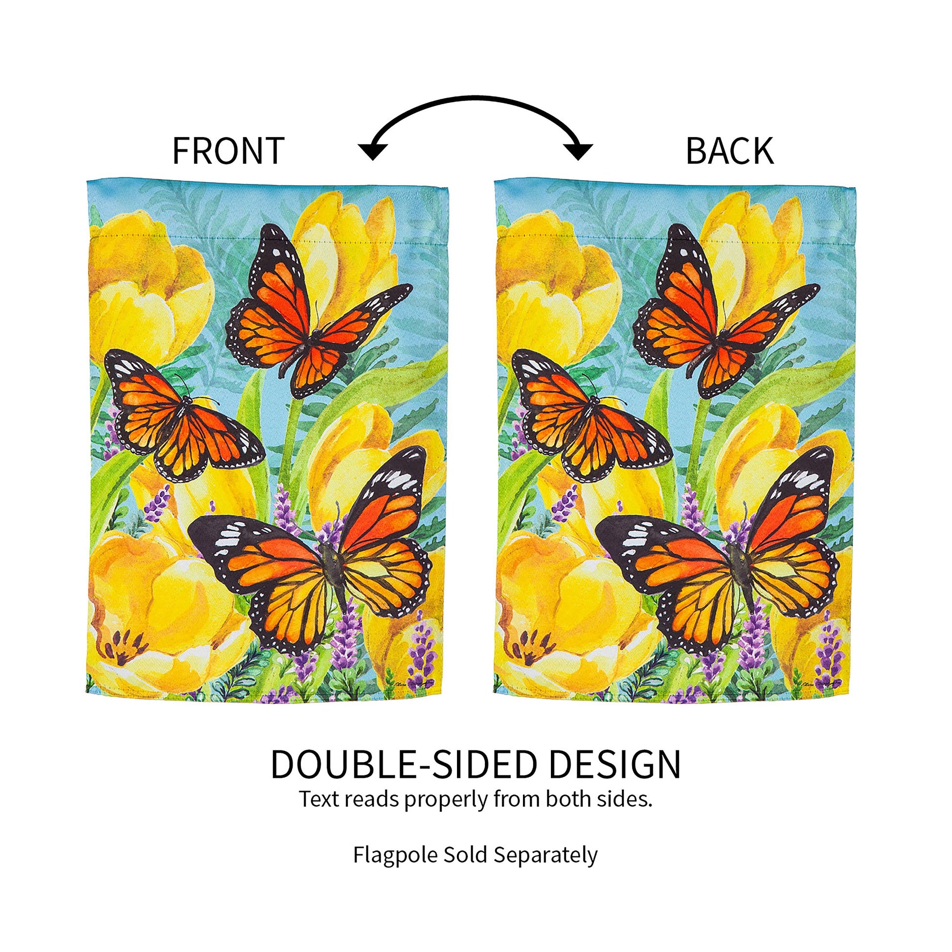Tulip and Butterfly Garden Suede Flag, double-sided print with bright yellow tulips and monarchs on Tampa Home & Garden Store