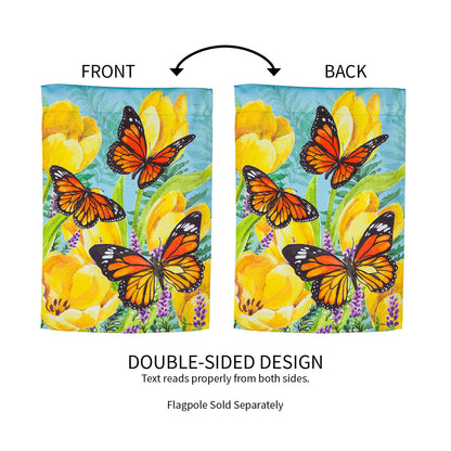 Tulip and Butterfly Garden Suede Flag, double-sided print with bright yellow tulips and monarchs on Tampa Home & Garden Store