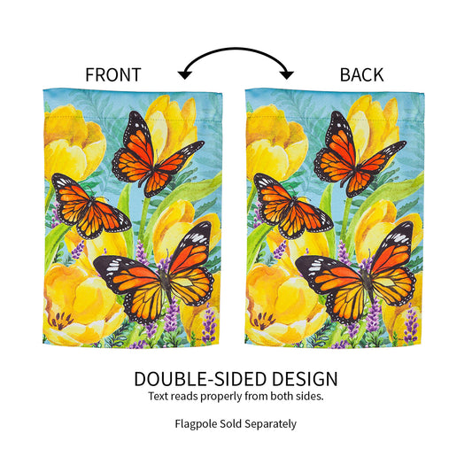 Tulip and Butterfly Garden Suede Flag, double-sided print with bright yellow tulips and monarchs on Tampa Home & Garden Store