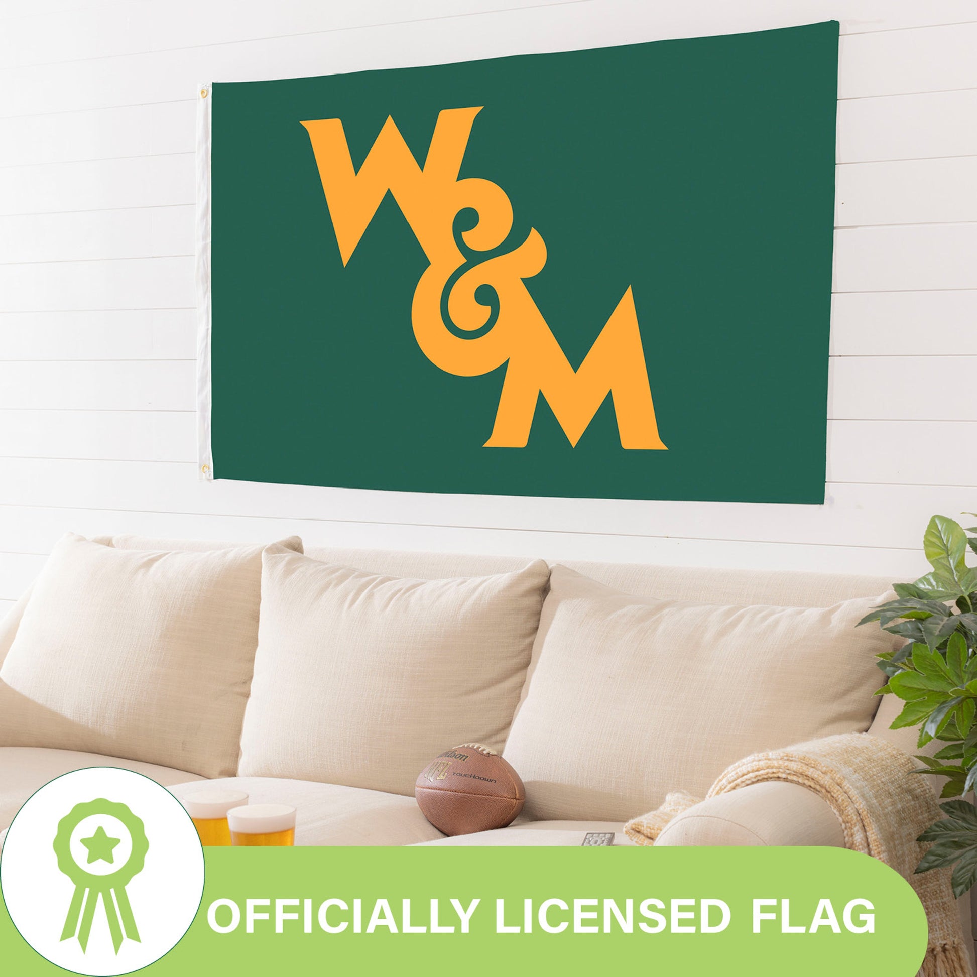 William & Mary 3x5 single-sided sublimated flag with orange script on green field, two grommets on Tampa Home & Garden Store