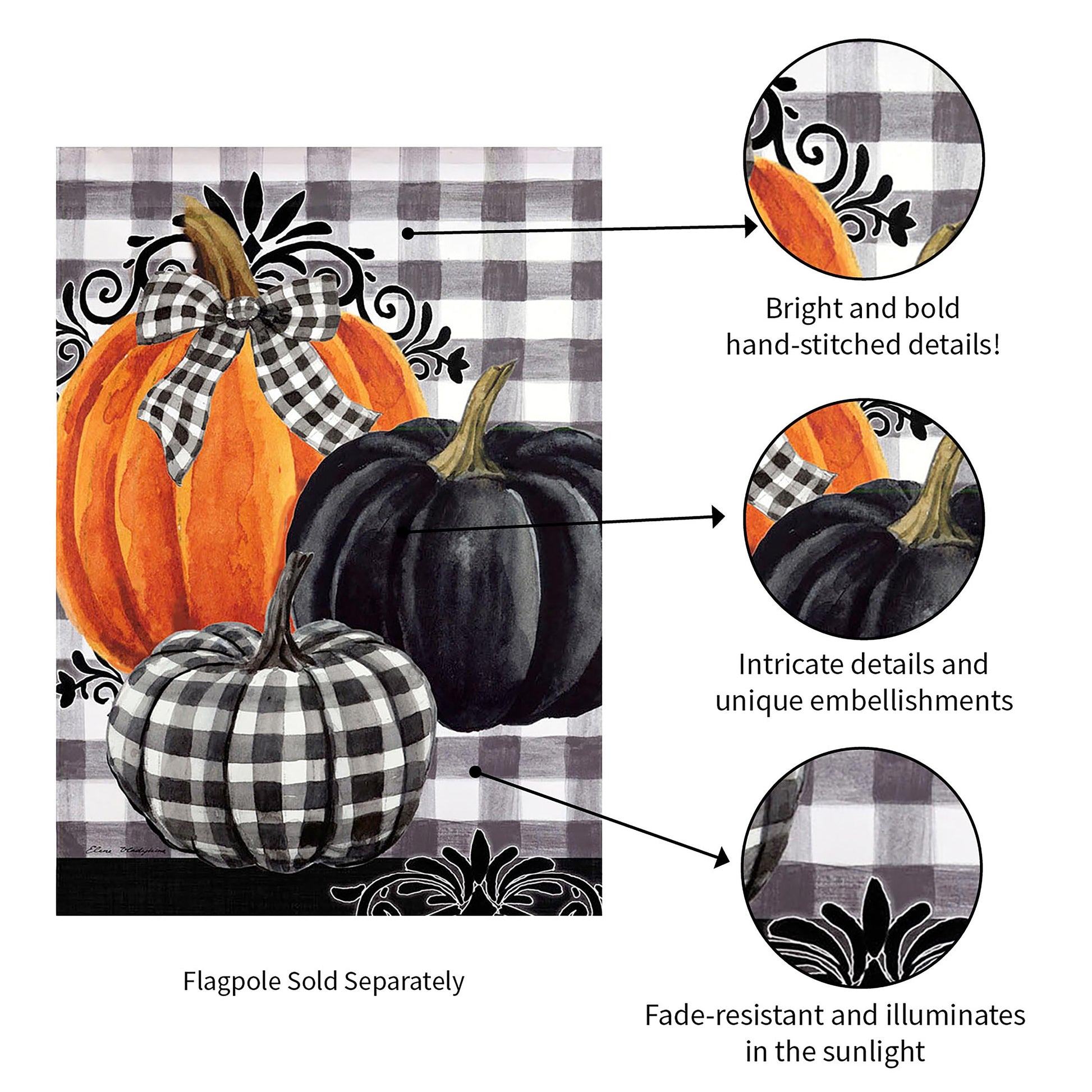 Pumpkin Check Garden Suede Flag by Evergreen Enterprises, three pumpkins on gingham backdrop on Tampa Home & Garden Store
