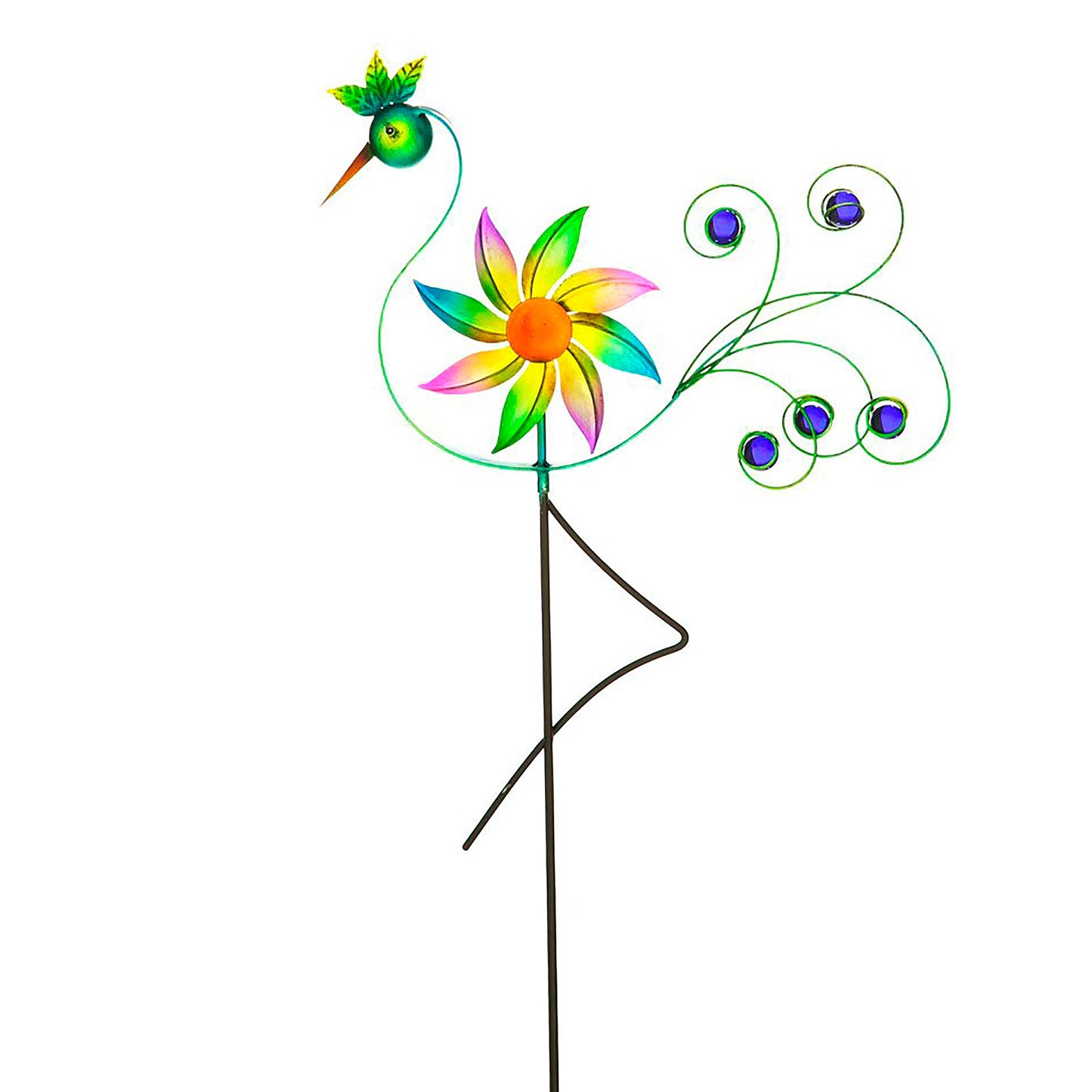 Cheerful Summer Days Windspinner Garden Stake green yellow pink bird short metal wind wheel on Tampa Home & Garden Store