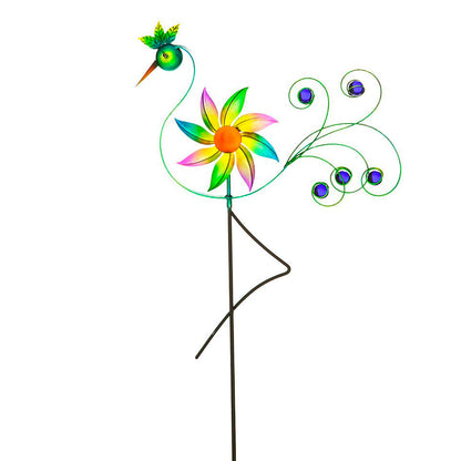 Cheerful Summer Days Windspinner Garden Stake green yellow pink bird short metal wind wheel on Tampa Home & Garden Store