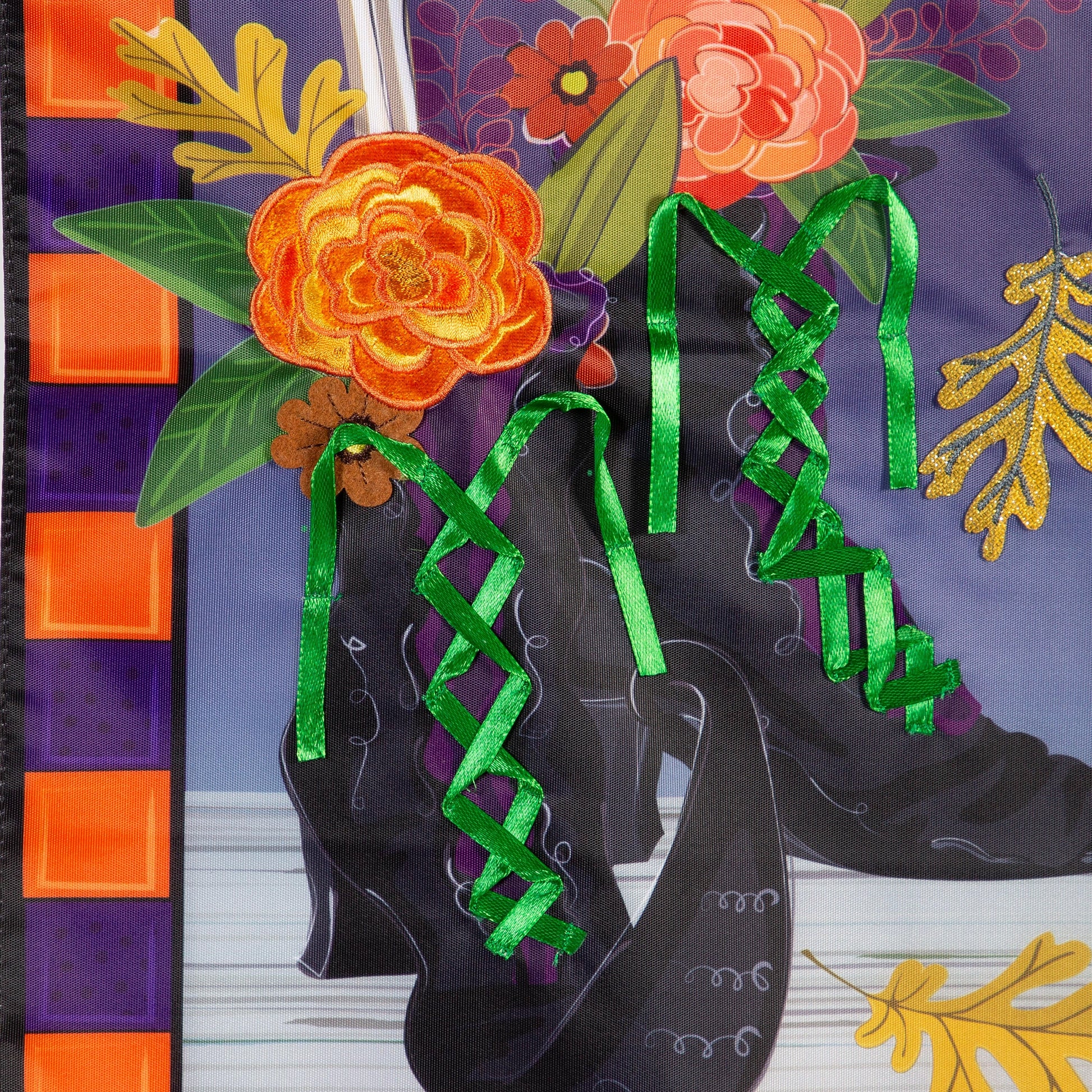 Happy Halloween Witches Boots Applique Garden Flag purple orange flowers and green lacing on Tampa Home & Garden Store