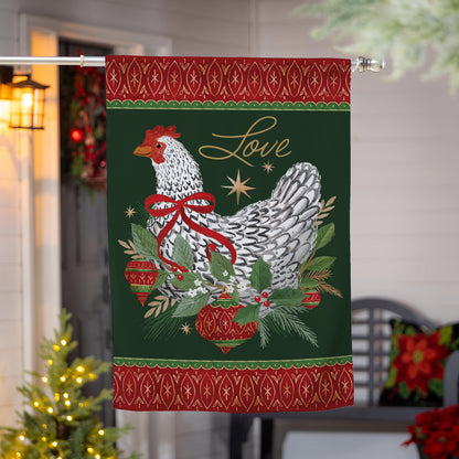 Floral Christmas Chicken Suede House Flag with white chicken on green field and red trim on Tampa Home & Garden Store
