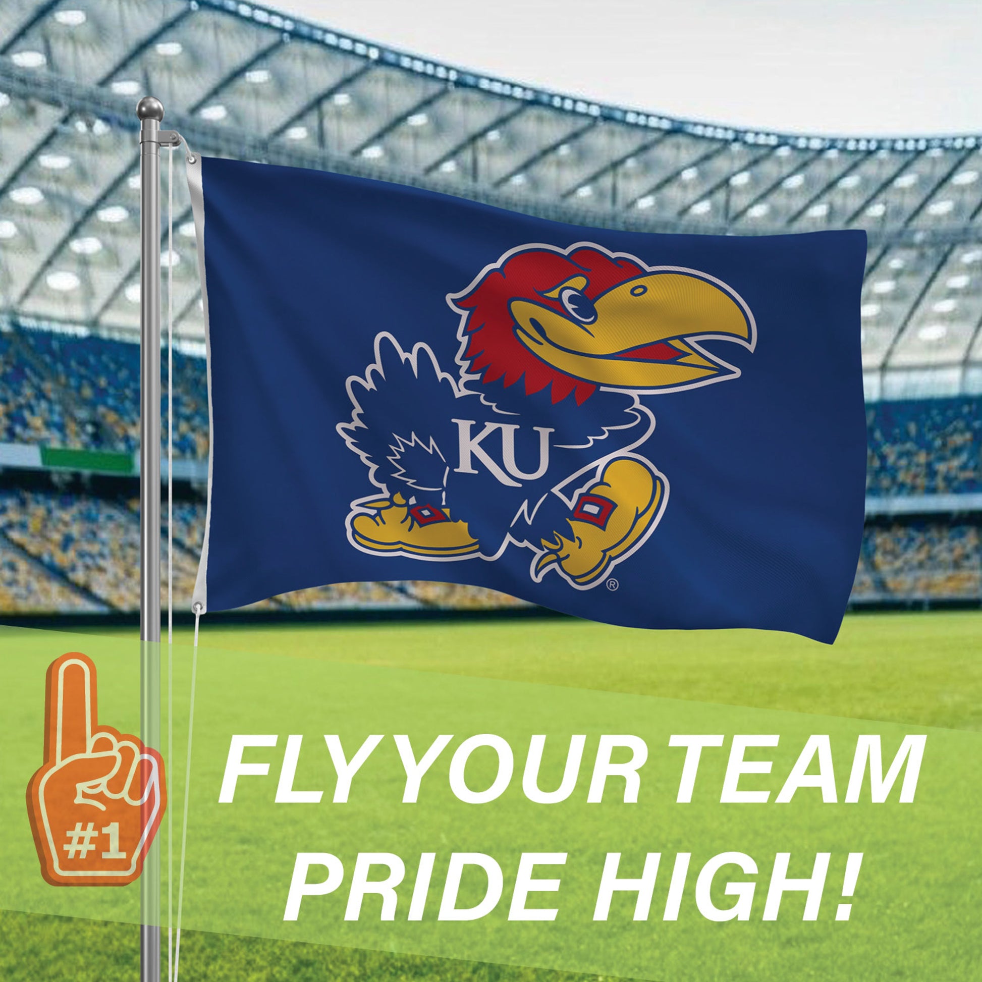 University of Kansas 3x5 single-sided estate flag with KU Jayhawks on blue field, 2 grommets on Tampa Home & Garden Store