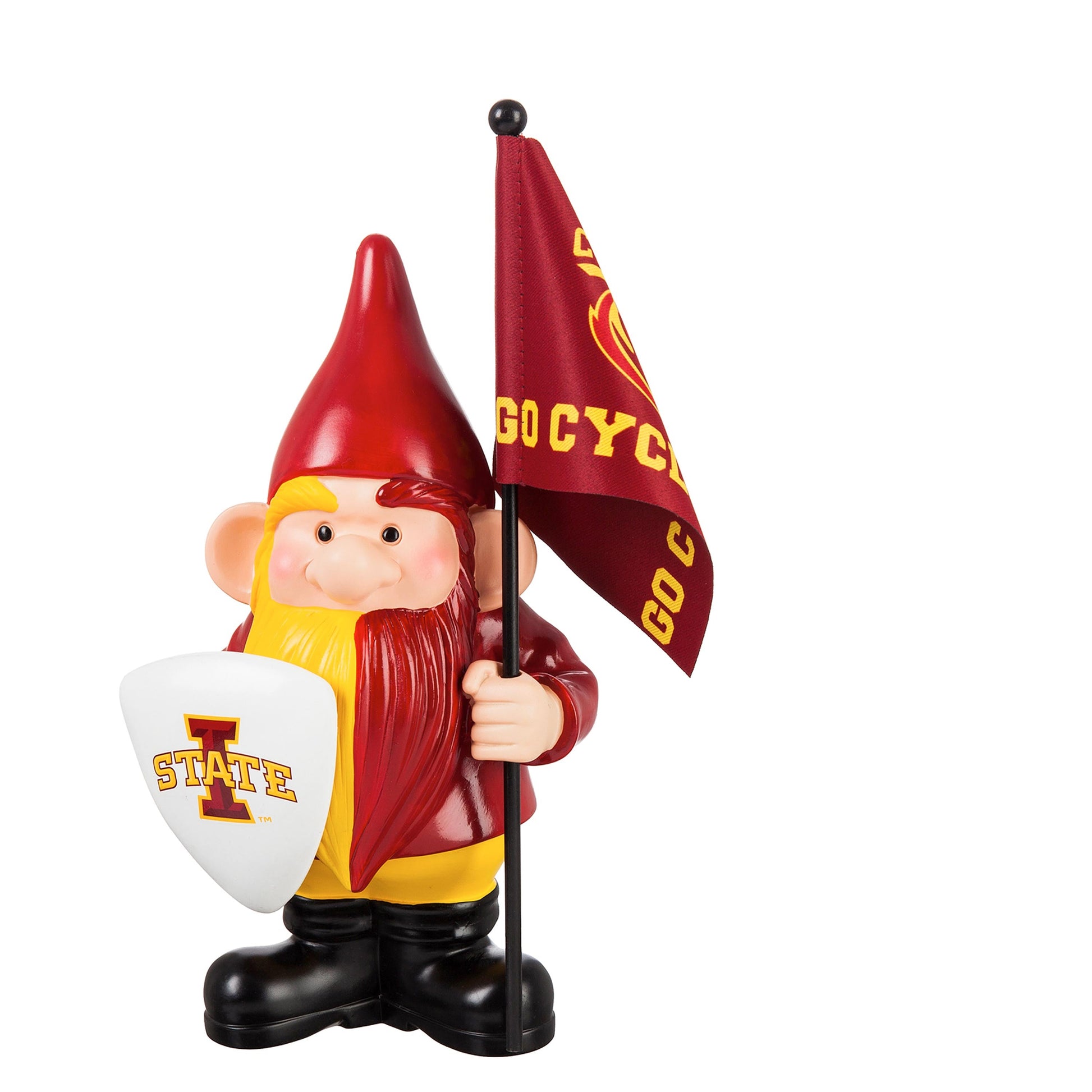 Iowa State flag holder gnome garden statue with maroon flag, red outfit, yellow beard on Tampa Home & Garden Store