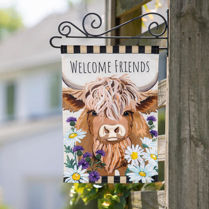 Hillside Pasture Highland Cow applique garden flag with Welcome Friends and shaggy cow on Tampa Home & Garden Store