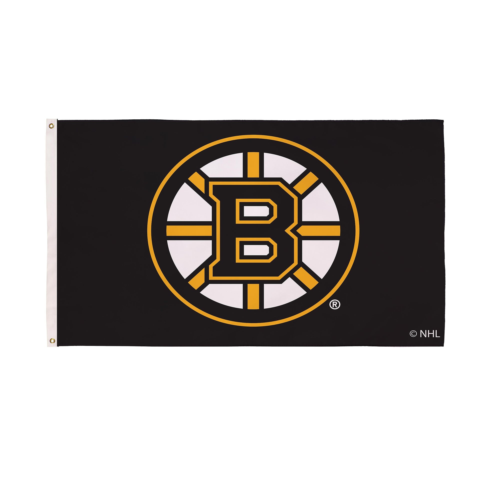 Boston Bruins single-sided sublimated flag 3x5, black with large yellow Bruins logo, 2 grommets on Tampa Home & Garden Store