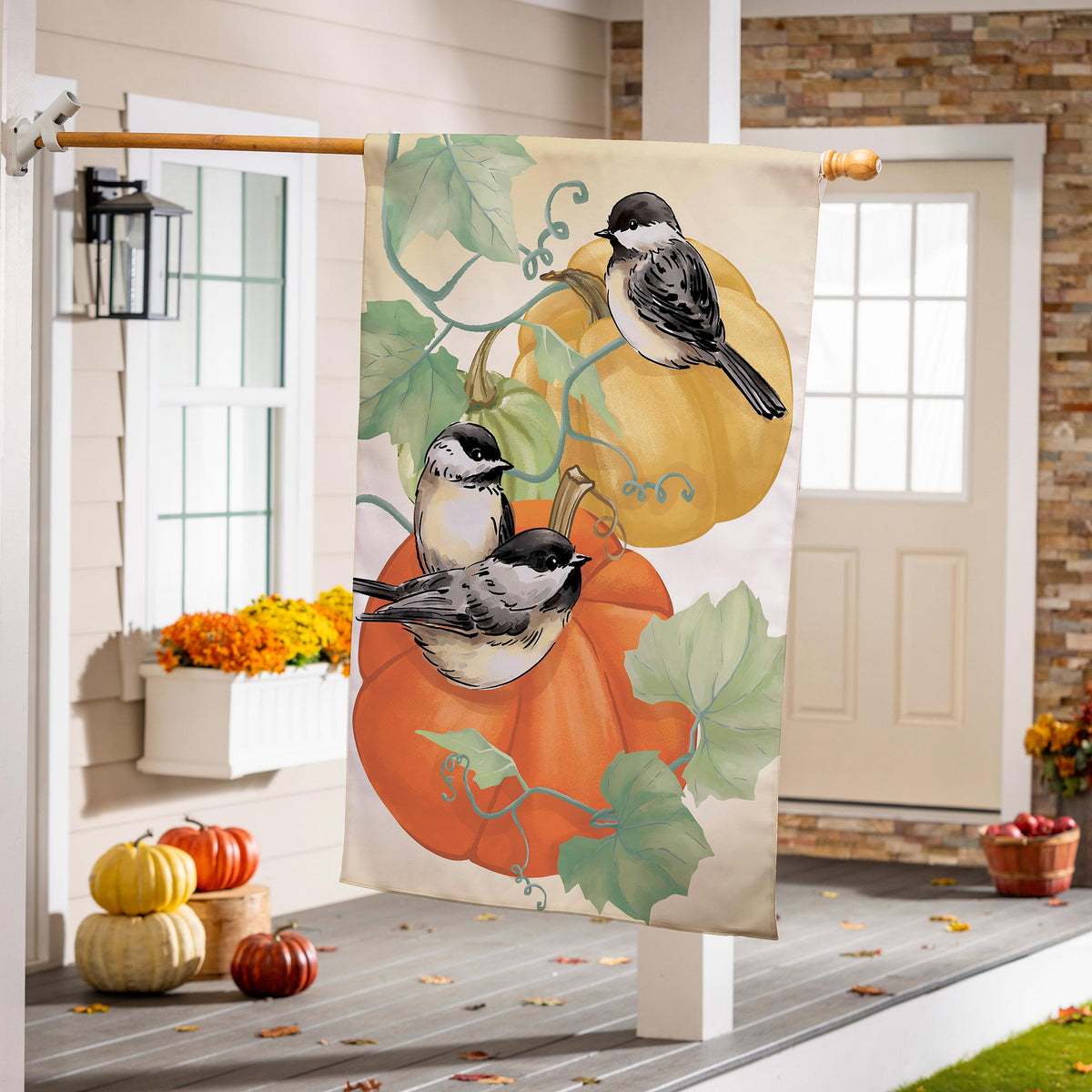 Chickadee Pumpkin Vine Suede Flag three chickadees tan backdrop green vines Evergreen Enterprises on Tampa Home & Garden Store