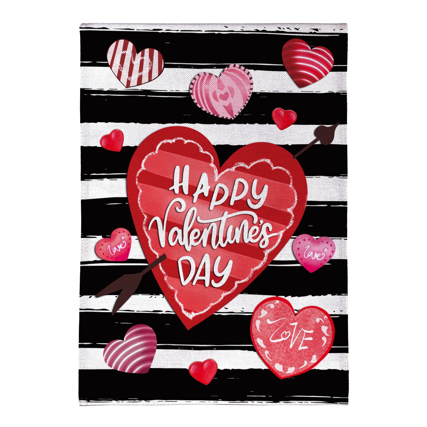 Striped Hearts Burlap House Flag with red and pink hearts on black and white stripes on Tampa Home & Garden Store