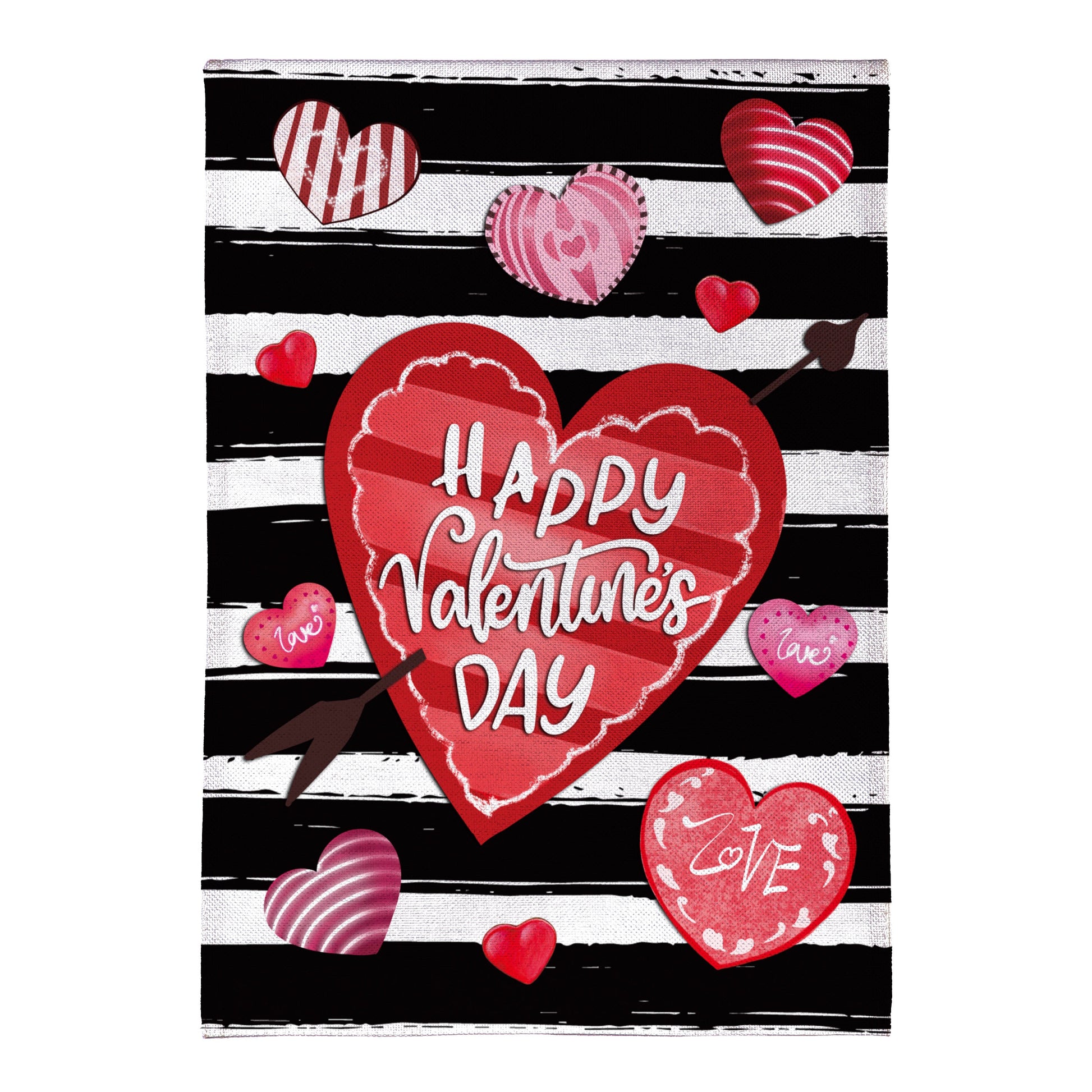 Striped Hearts Burlap House Flag with red and pink hearts on black and white stripes on Tampa Home & Garden Store