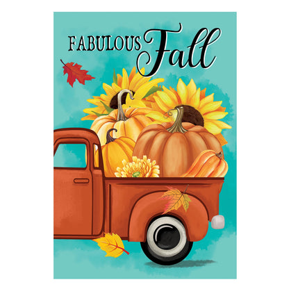 Pickup For Fall Suede House Flag with pumpkins and sunflowers in a truck on turquoise sky on Tampa Home & Garden Store