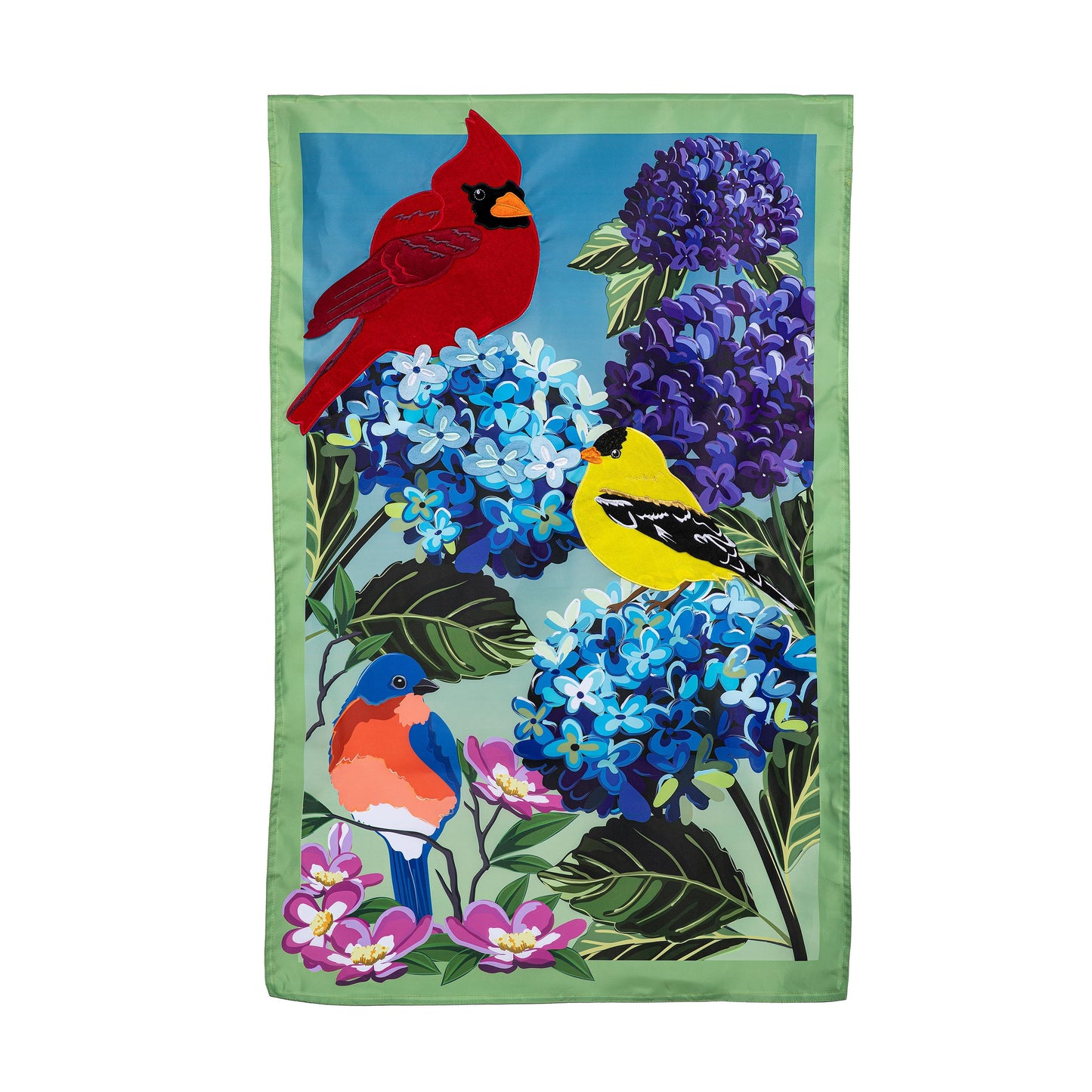 Songbird Sonata Applique Flag red cardinal amid hydrangea blooms, Evergreen Enterprises on Tampa Home & Garden Store