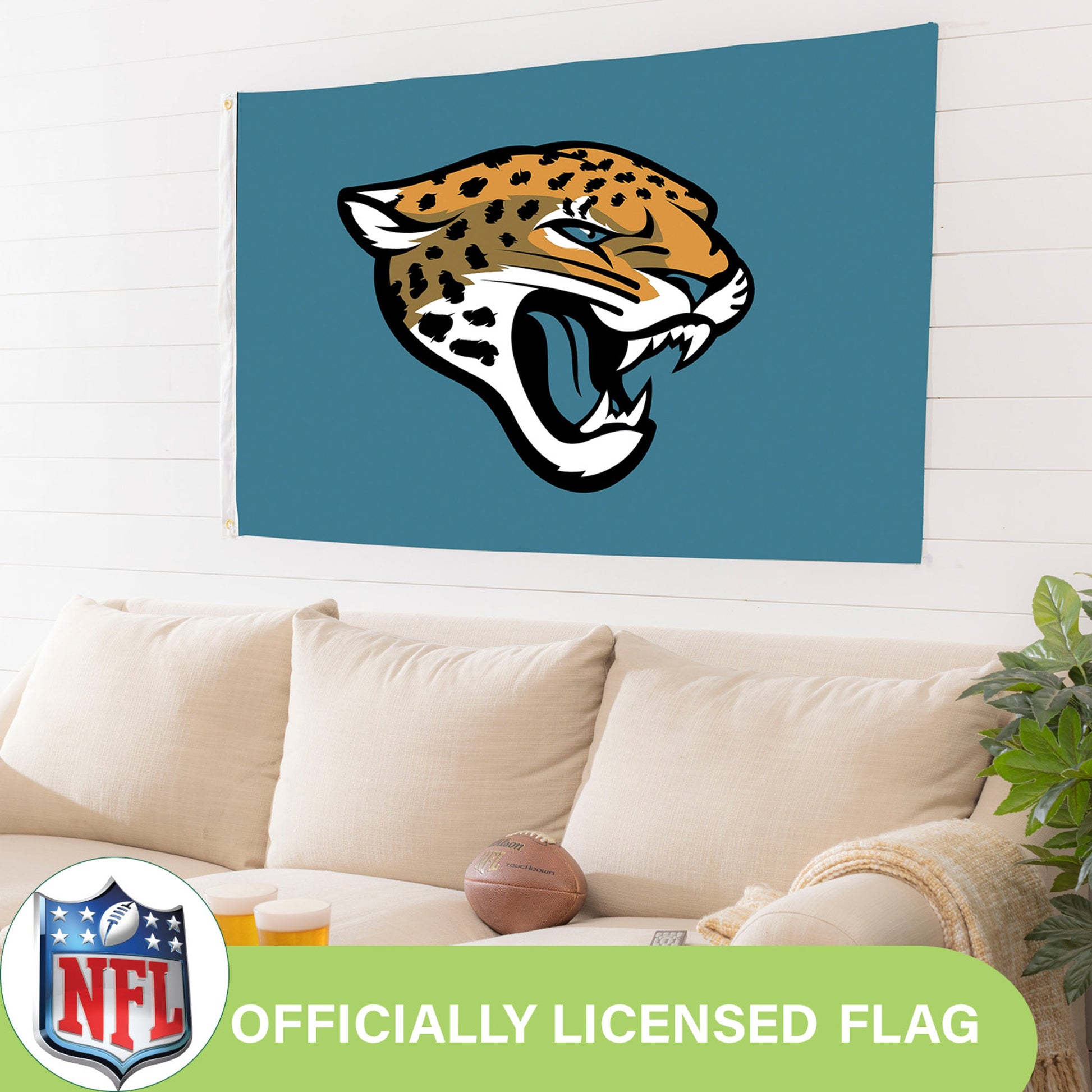 Jacksonville Jaguars 3'x5' single-sided sublimated flag with 2 grommets on teal backdrop on Tampa Home & Garden Store
