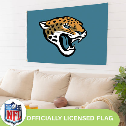 Jacksonville Jaguars 3'x5' single-sided sublimated flag with 2 grommets on teal backdrop on Tampa Home & Garden Store