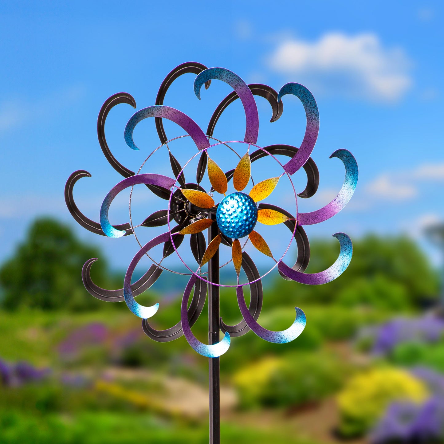 Metal Wind Spinner blue purple floral design 75H on Tampa Home & Garden Store