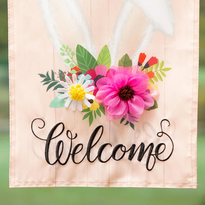 Every Bunny Welcome applique garden flag Evergreen Enterprises floral bouquet pink backdrop on Tampa Home & Garden Store