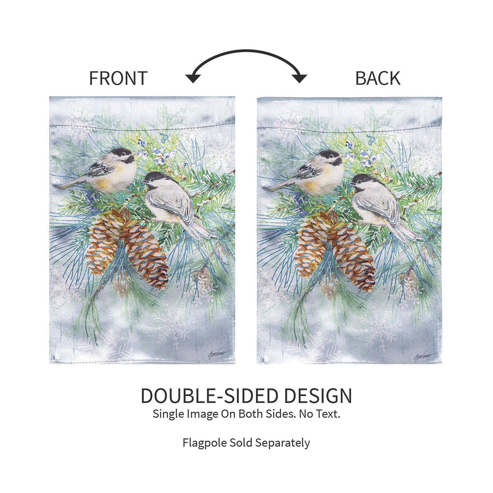 Winter Frost Lustre Garden Flag 2 flags with silver frost pinecones by Evergreen Enterprises on Tampa Home & Garden Store