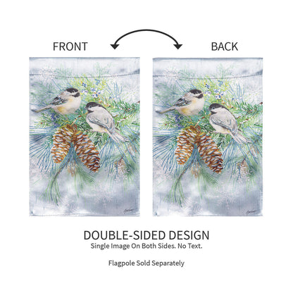 Winter Frost Lustre Garden Flag 2 flags with silver frost pinecones by Evergreen Enterprises on Tampa Home & Garden Store
