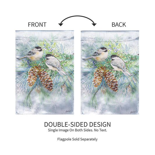 Winter Frost Lustre Garden Flag 2 flags with silver frost pinecones by Evergreen Enterprises on Tampa Home & Garden Store