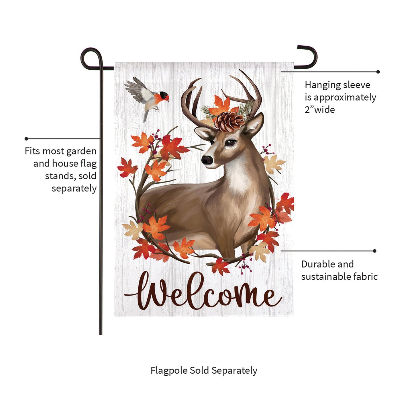 Autumn Deer Wreath Moire Garden Flag by Evergreen Enterprises, deer with pinecone and fall leaves on Tampa Home & Garden Store