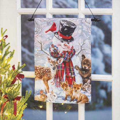 Forest Friends Suede Garden Flag winter woodland scene with cardinal and dog in plaid scarf on Tampa Home & Garden Store