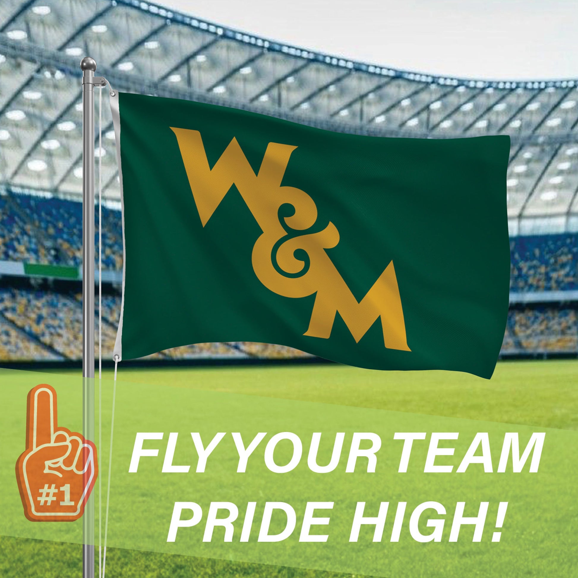 William & Mary flag single-sided 3x5, green with gold W&M logo, two grommets on silver pole on Tampa Home & Garden Store