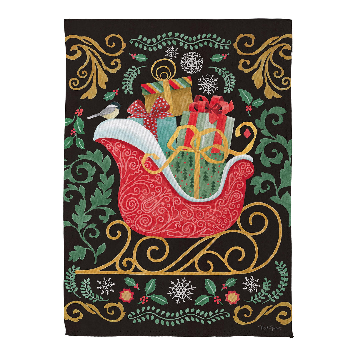 Nutcracker & Sleigh Suede Garden Flag on black with gold scrolls, holly, presents on Tampa Home & Garden Store