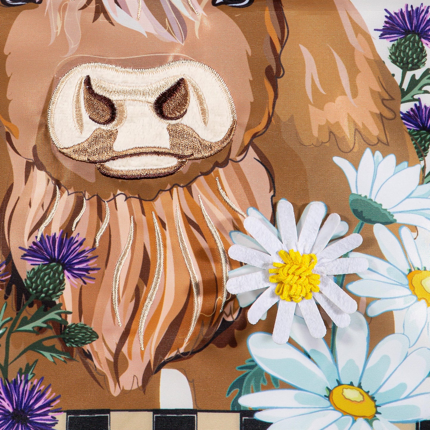 Highland Cow Welcome Friends applique garden flag brown embroidery by Evergreen Enterprises on Tampa Home & Garden Store